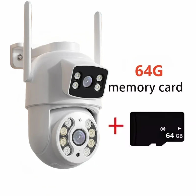 White dual-lens PTZ WiFi security camera bundle with 64GB microSD card