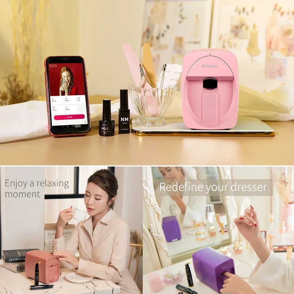 Pink portable smart 3D nail printer with WiFi app control for DIY home or professional salon nail art painting.