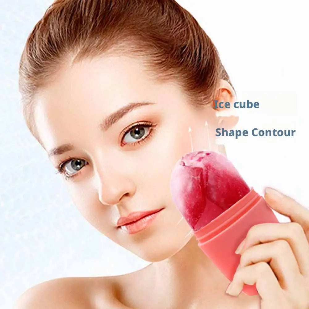 A person uses a pink silicone ice roller to massage their face. The device holds a frozen, rose-shaped ice cube.