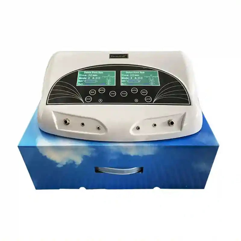 Dual ionic foot bath detox machine with dual LCD screens and control panel on a blue base for professional spa use.