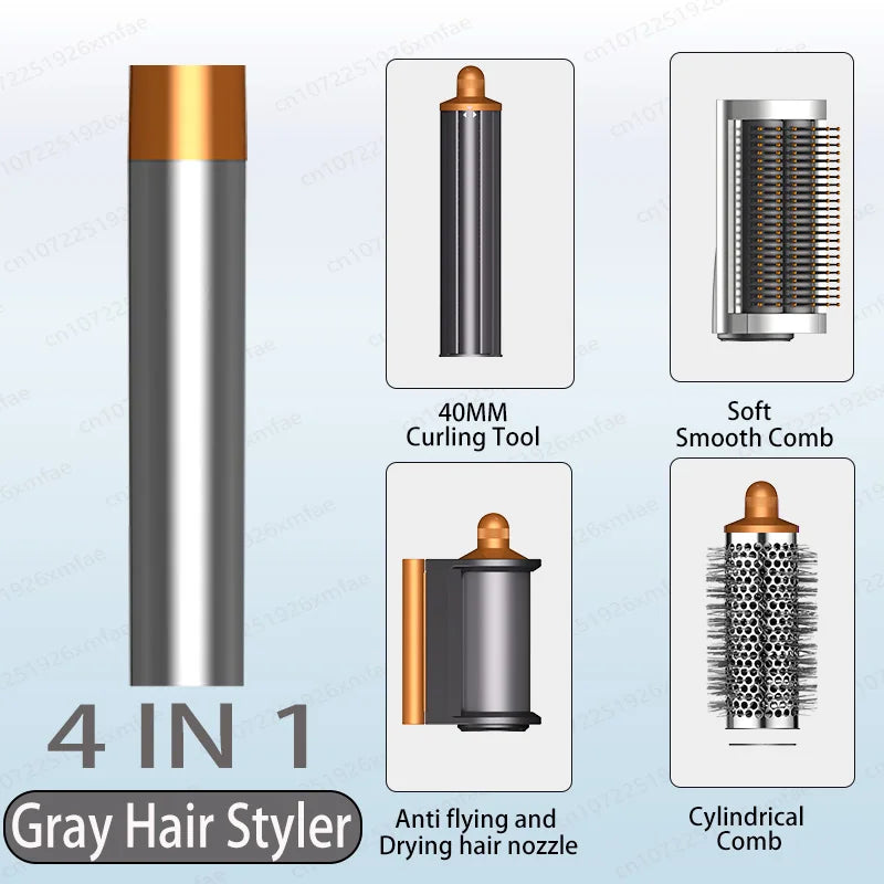 Gray 4-in-1 high-speed hair styler set with curling tool, smoothing brush, round comb, and anti-frizz nozzle.