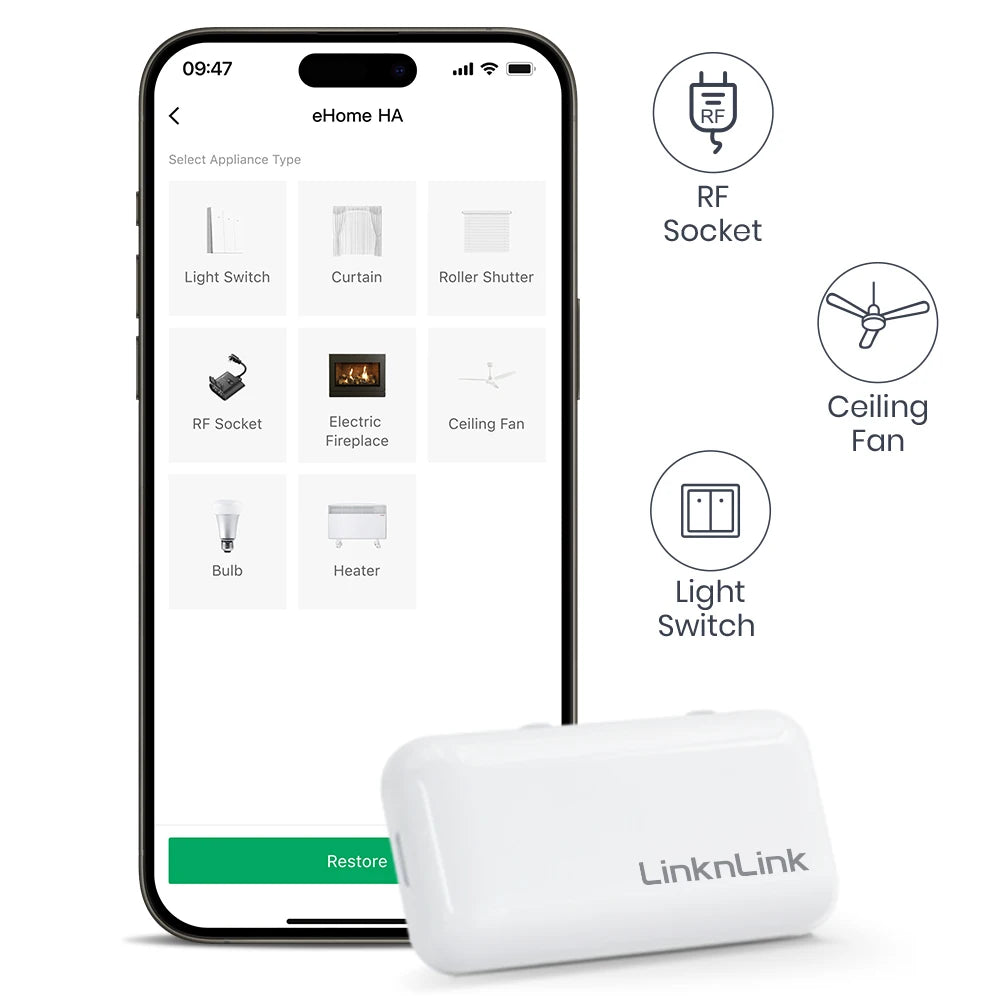 LinknLink EHome HA Wi-Fi Smart RF Universal Remote Controller for Light Switch, Ceiling Fan, Roller Shutter, RF2MQTT Home Assist