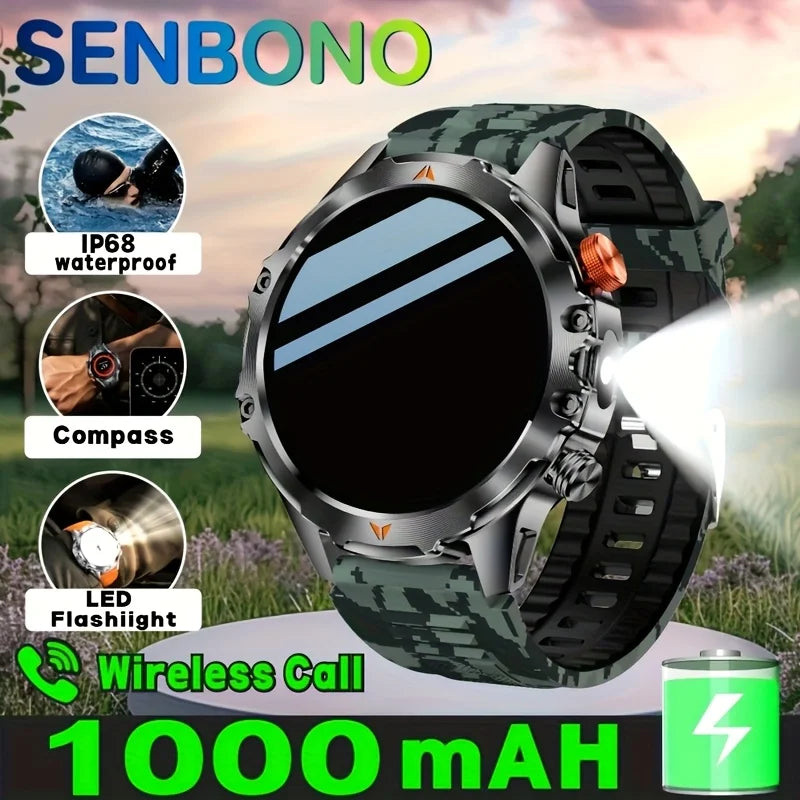 SENBONO Men's Smart Watch Amoled Display Bluetooth Call 1000mAh Compass Led Light IP68 Waterproof Sport Smartwatch For Men
