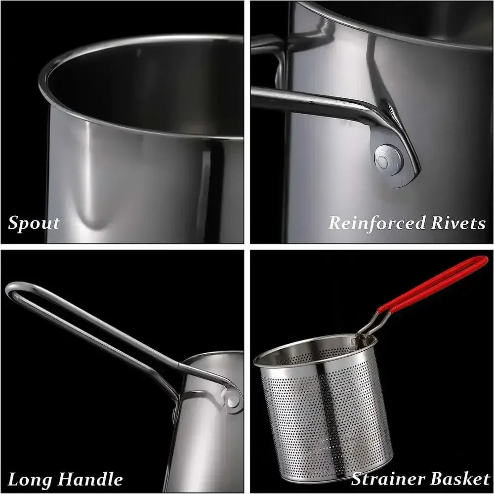 Stainless steel deep fryer parts close-up: spout, long handle, perforated strainer basket