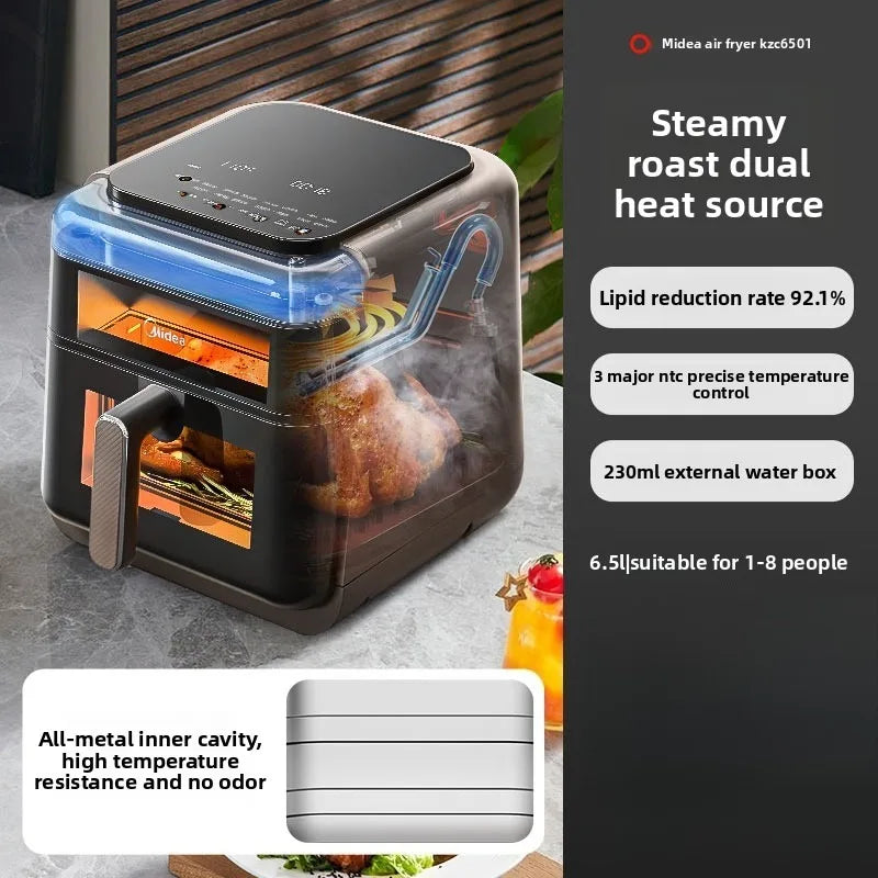 Midea air fryer steam oven with clear cooking chamber and blue-lit heating