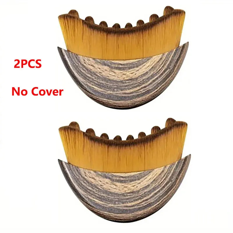 Two crescent-shaped facial brushes with tan bristles and grey faux-wood handles against a white background.