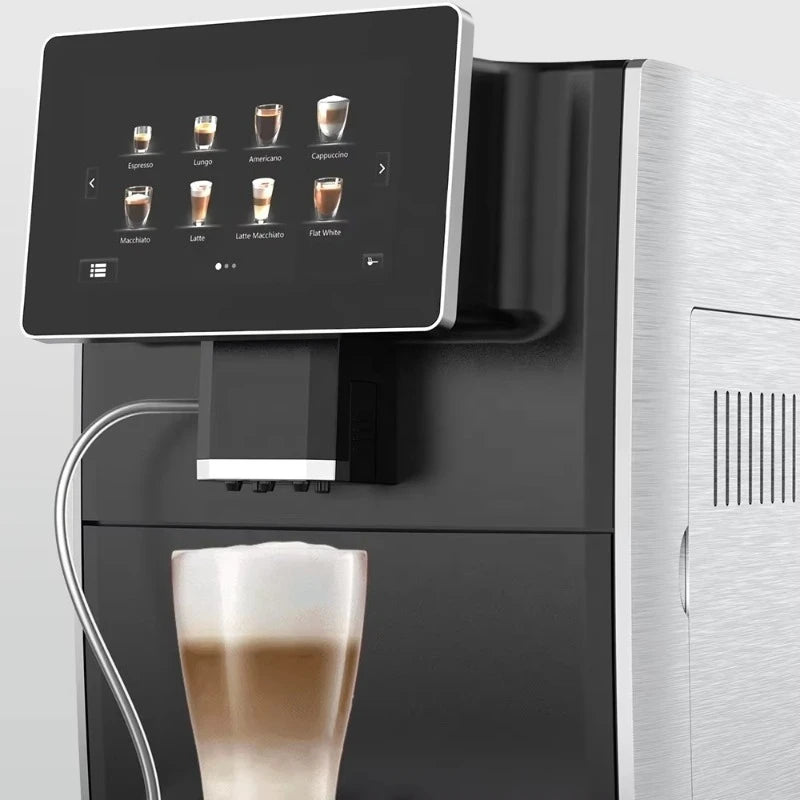 Black and stainless steel automatic espresso machine with large touchscreen interface and milk frother attachment.