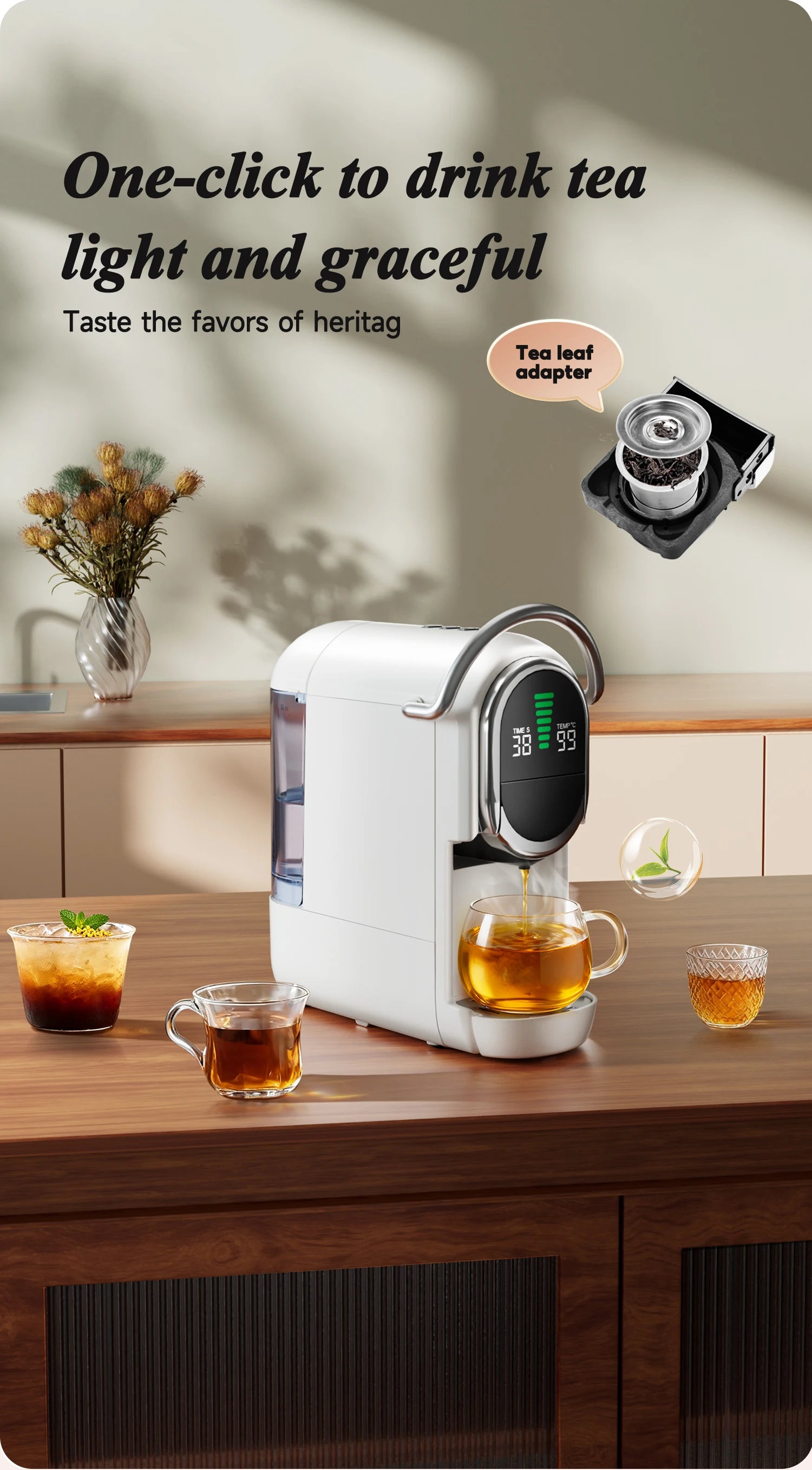 White tea and coffee maker with digital display, tea leaf adapter, and glass cup on a wooden kitchen counter.