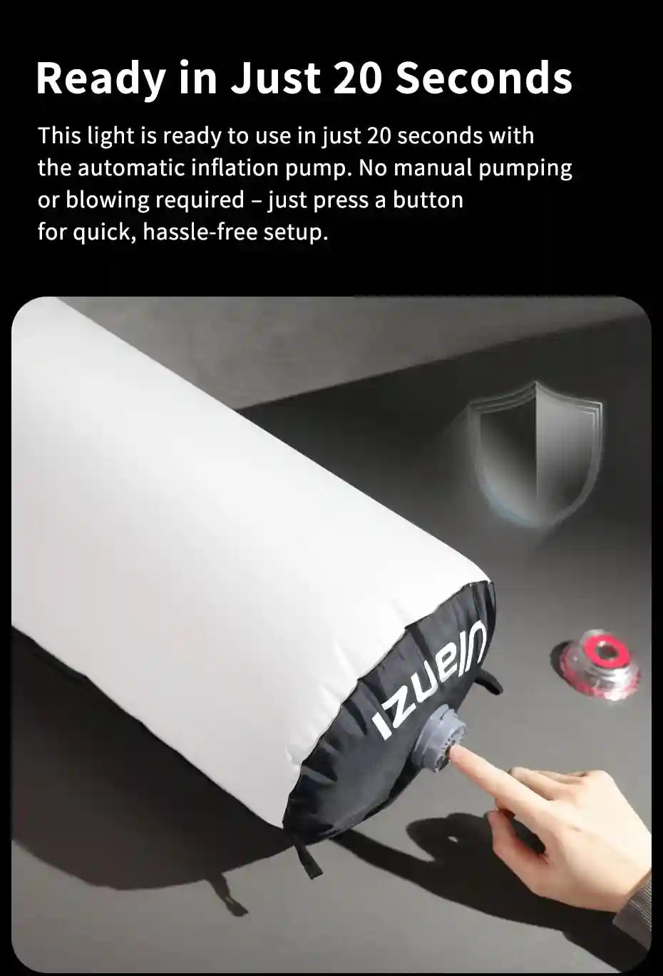 White inflatable light tube with a built-in electric pump, operated by pressing a button for quick setup.
