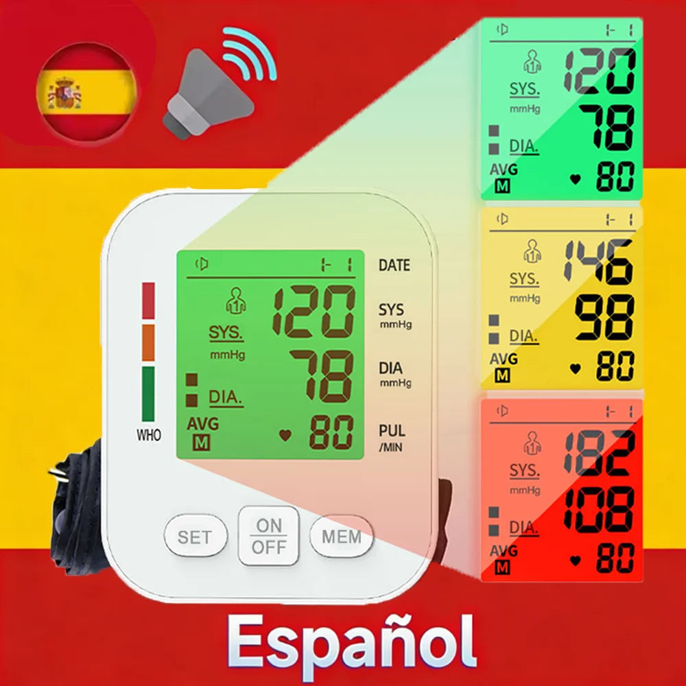 Spanish Blood Pressure Monitor Upper Arm Automatic Tonometer BP Cuff Machine with Backlight LED Display for Home Use Health Care