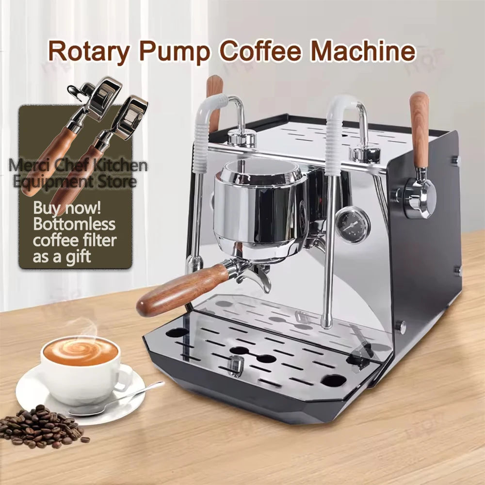 Merci Chef professional chrome and black rotary pump espresso machine with wooden handle and gift bottomless filter.