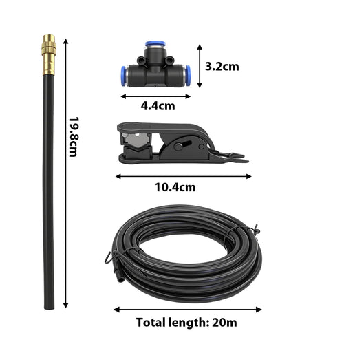 Adjustable copper spray nozzle and black hose set with shown mounting dimensions