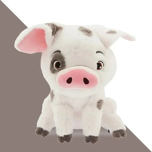 White plush pig with pink nose, front view, small gray spots, standing