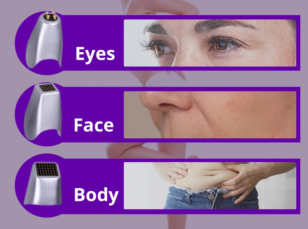 Silver Dot Matrix RF skin lifting device with interchangeable heads for eyes, face, and body rejuvenation treatment.