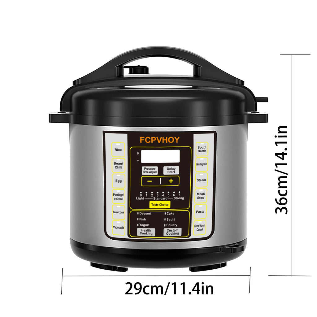 Electric pressure cooker with digital display and size shown: 14.1 in tall