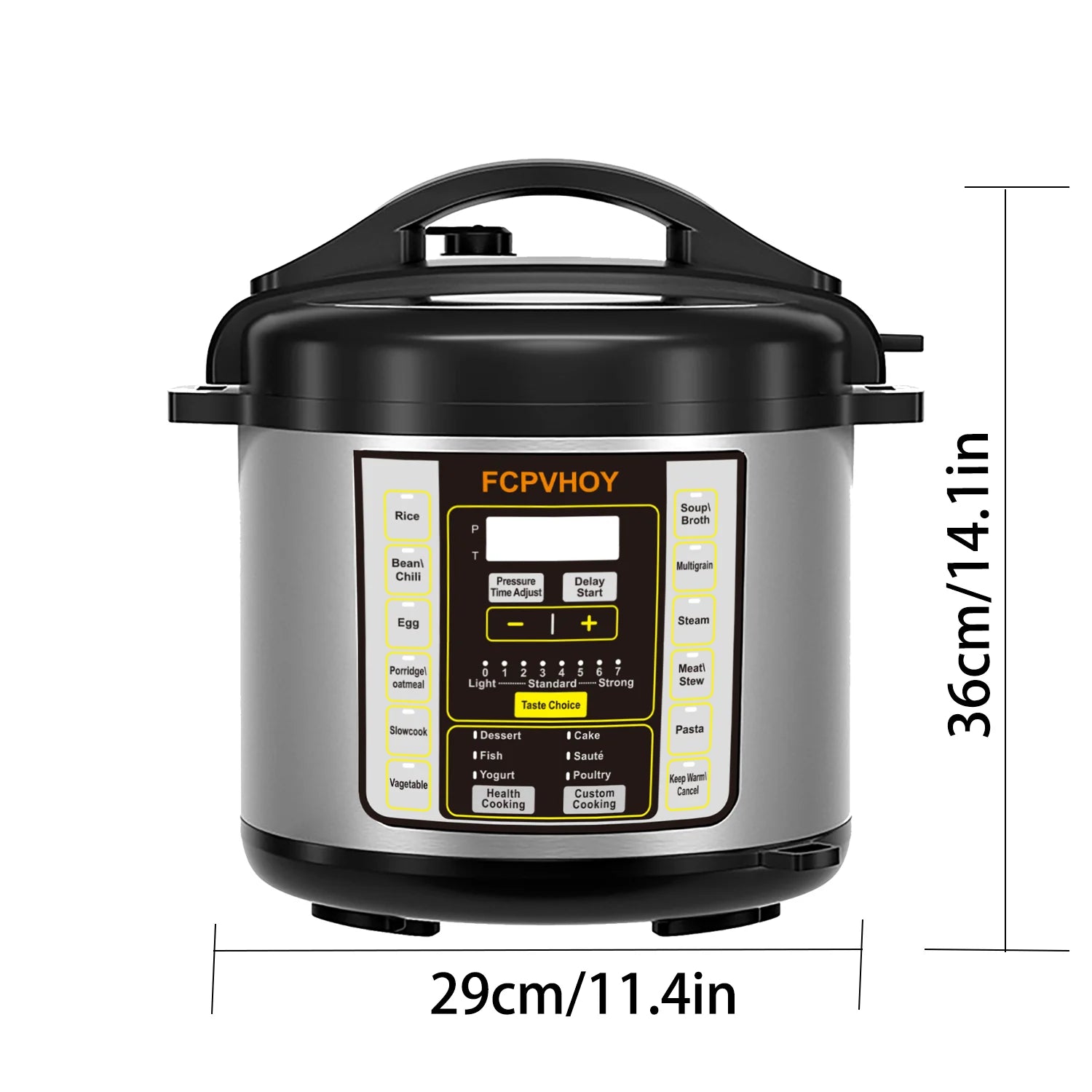 Electric pressure cooker with digital display and size shown: 14.1 in tall
