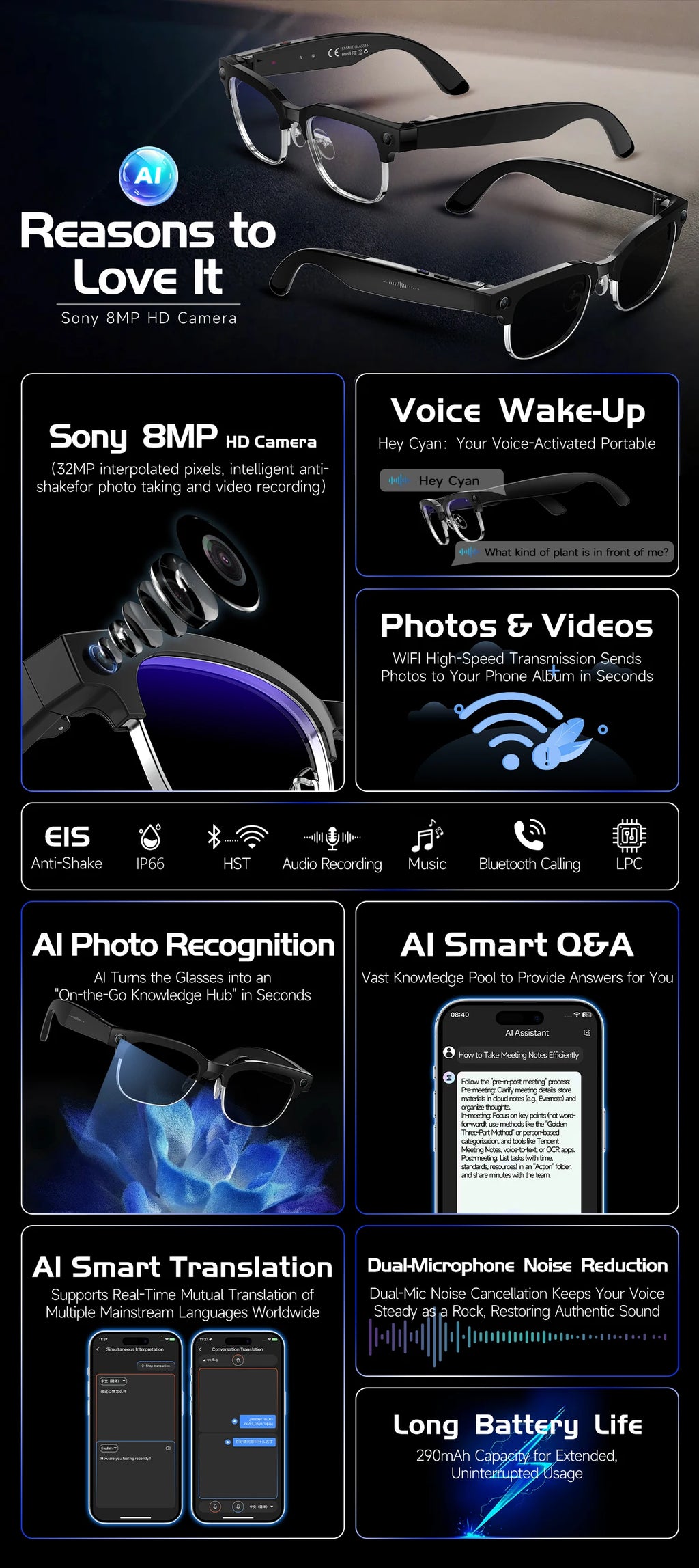 Smart Bluetooth Glasses with AI Camera and Live Translation - Tidesmit Tidesmit