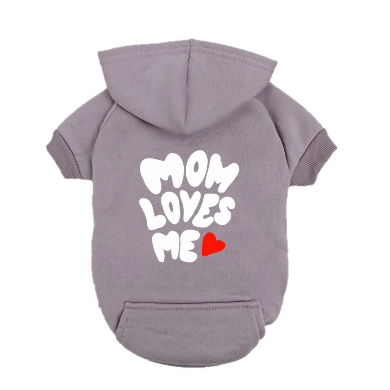 Gray "Mom Loves Me" dog hoodie with red heart for small dogs. Warm, cozy sweater for comfortable daily pet wear.