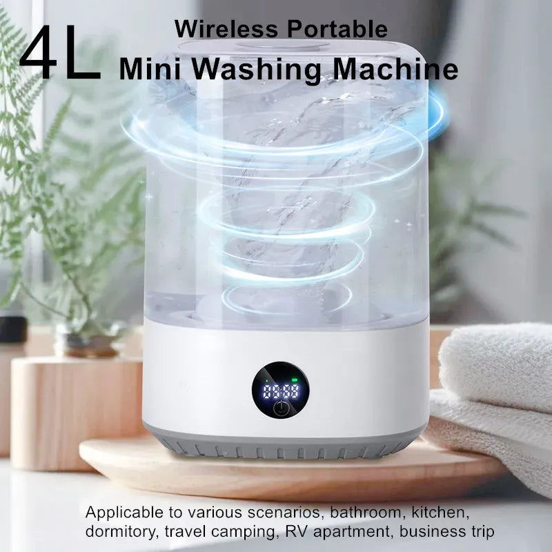 Wireless portable mini washing machine with 4L capacity and digital display, ideal for small spaces and travel.