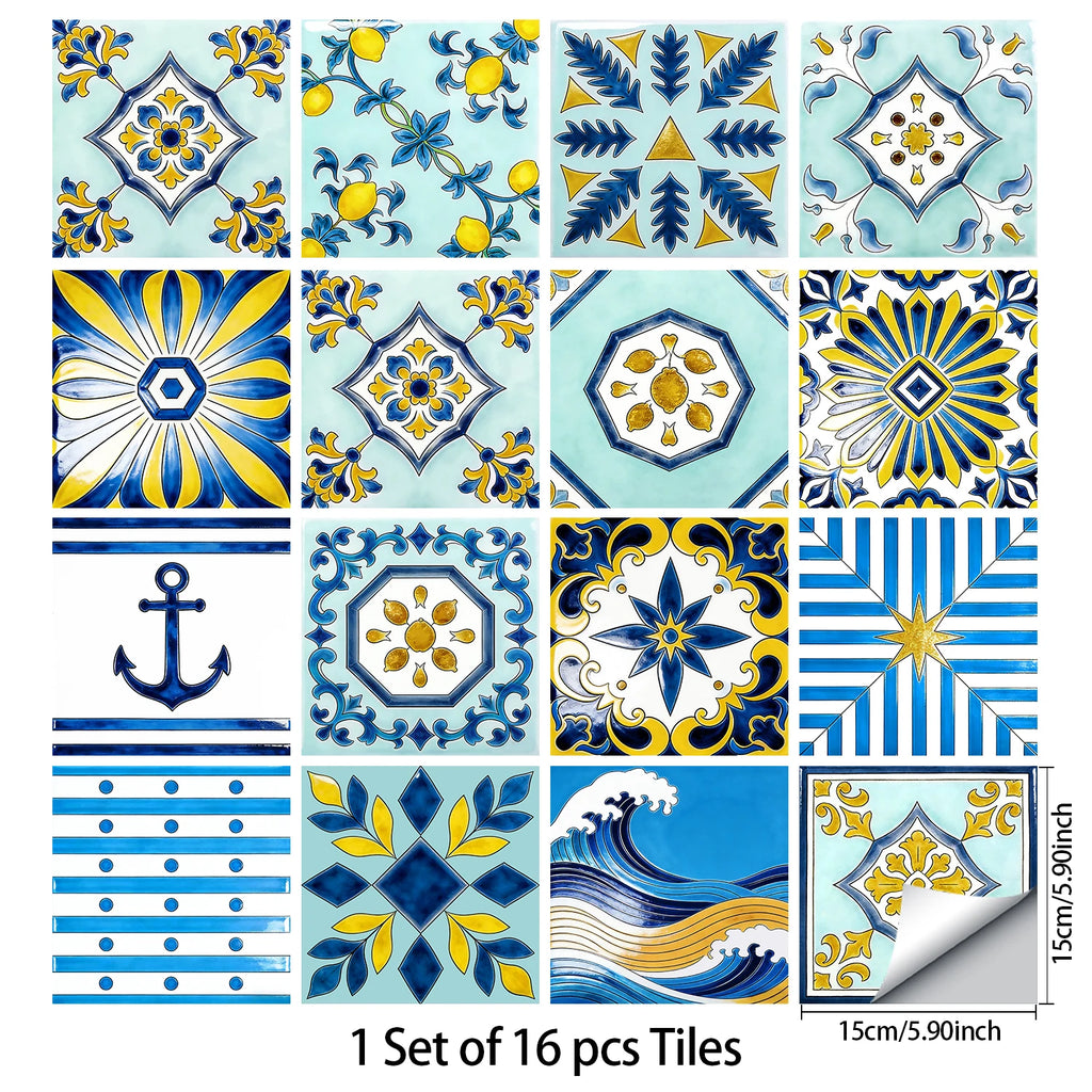 16pcs Portuguese Azulejo Tile Decals - Blue Yellow Floral Geometric Self-Adhesive Wall Stickers for Home Decor
