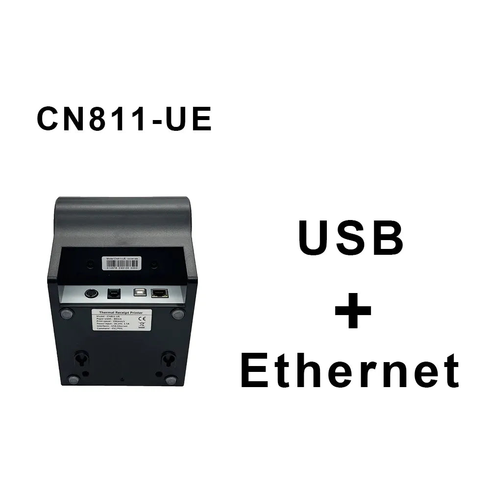 Thermal receipt printer back panel with USB and Ethernet connectivity.