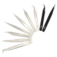 Set of stainless steel and black anti-static tweezers with straight and curved precision tips for eyelash extensions.