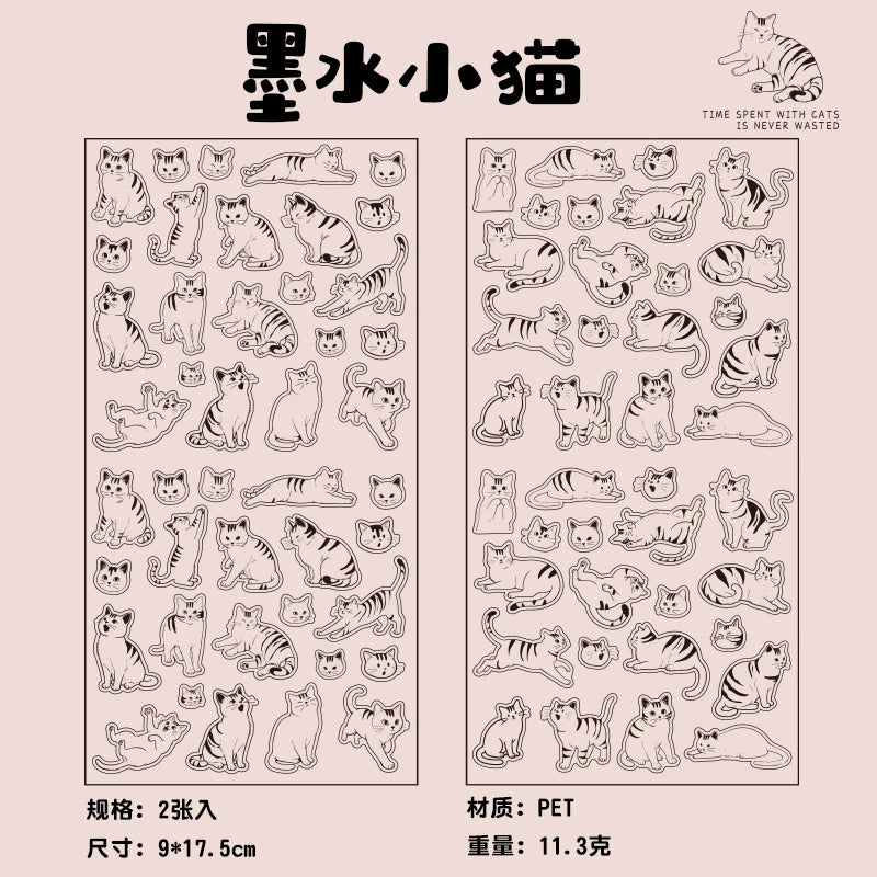 Two sheets of cute cartoon cat PET stickers for DIY scrapbooking, journaling, and cat-themed craft decorations.