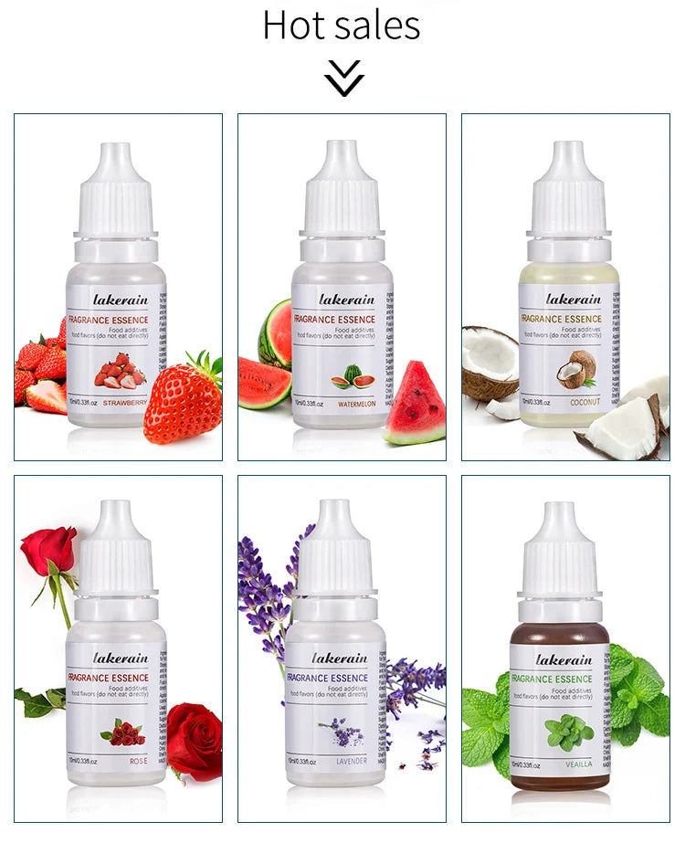 Six 10ml Lakerain DIY lip gloss fragrance oil bottles with colorful fruit, flower, and herb scent labels.