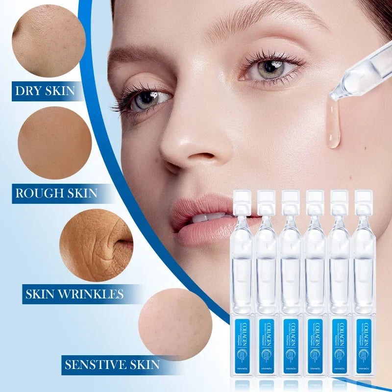 A woman’s face with skin close-ups and six small, clear ampoules of collagen serum being applied to her cheek.