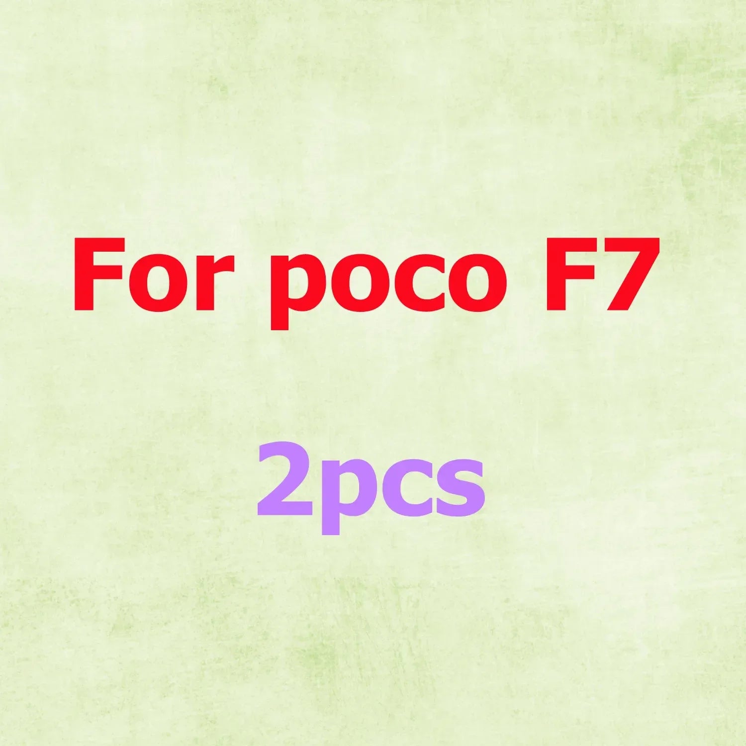 Two-piece screen protector set for Poco F7, displayed as red and purple text on a light green background.