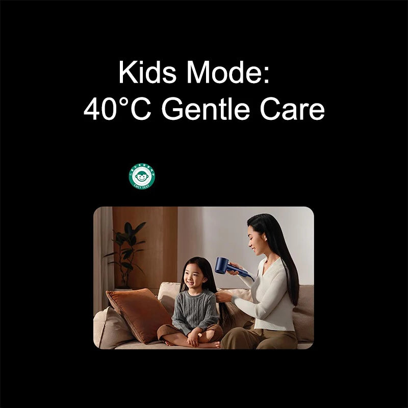 MIJIA High-Speed Hair Dryer Pro in blue, featuring 40°C Kids Mode for gentle drying on a sofa.
