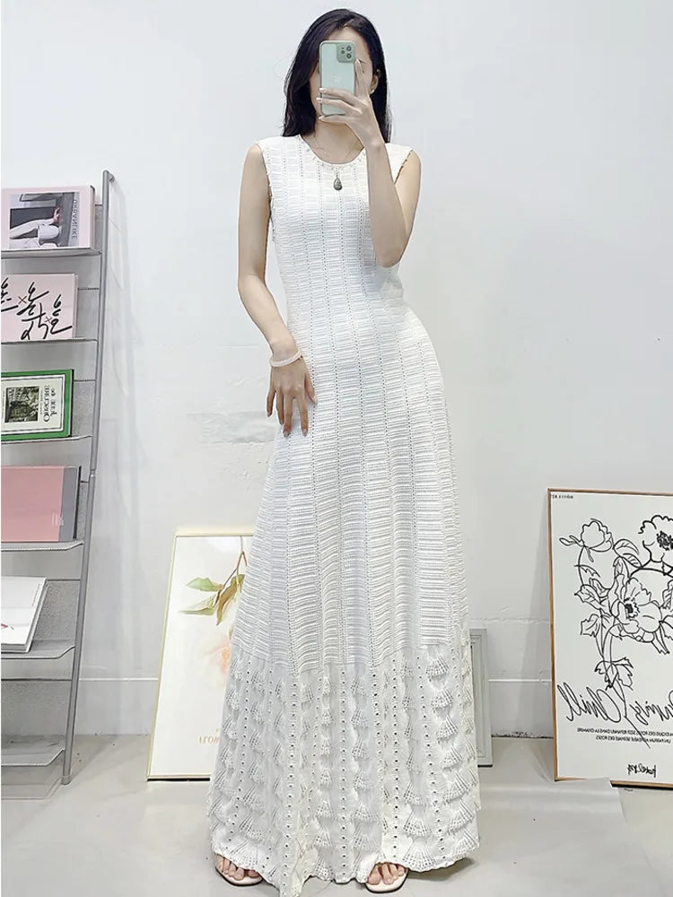 CHUJIE 2025 Summer 3-Piece French Style Set - Knit Maxi Dress + Sleeveless Top + Cover-Up, Pearl & Hollow Out, Viscose+Nylon