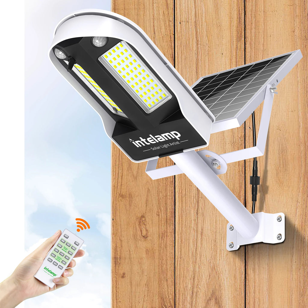 Intelamp Solar Street Lights Outdoor Lamp 3000LM 12500mAh With Two Motion Sensors Super Large Solar Panel For Garden Yard Path
