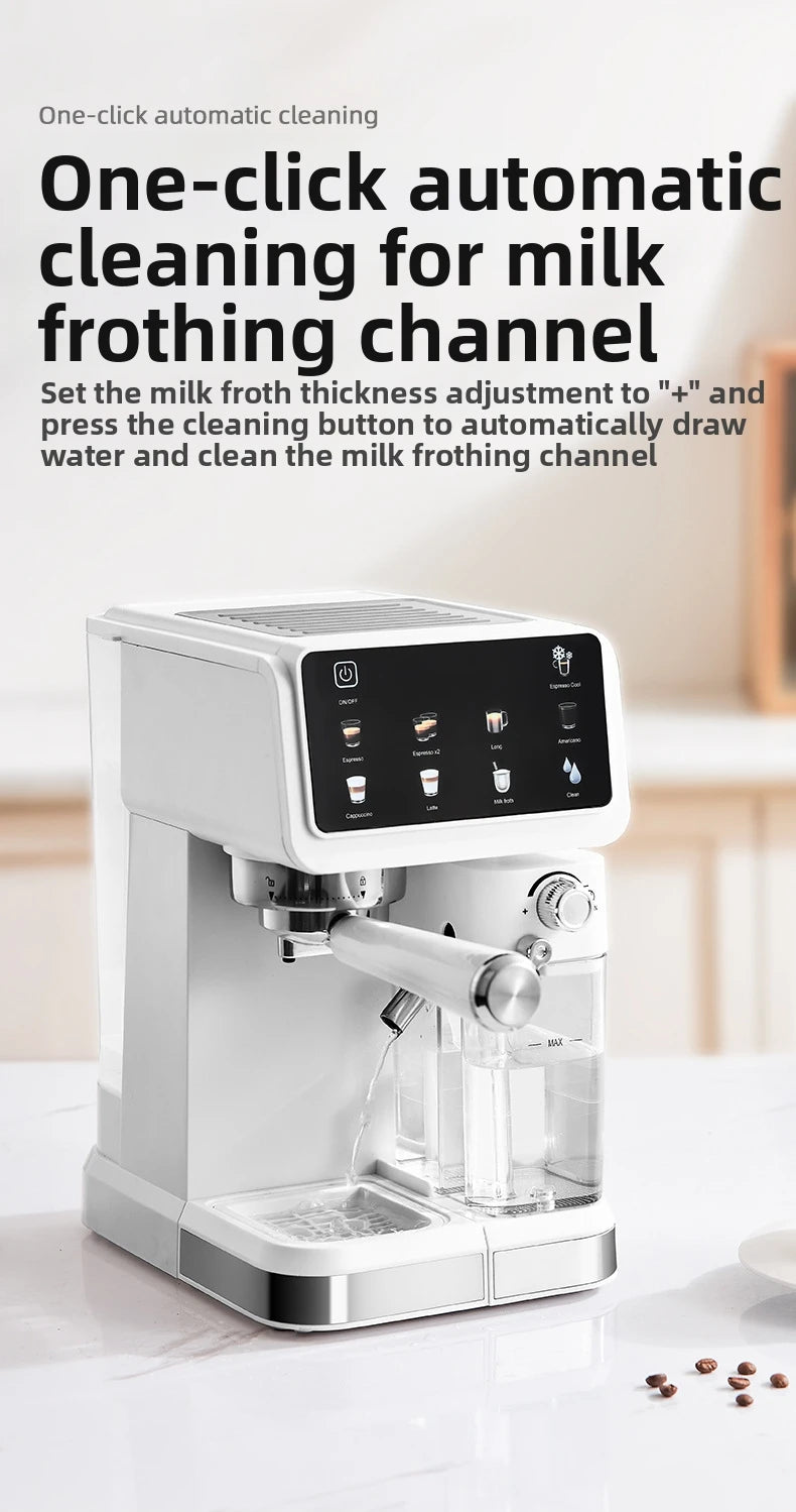White automatic espresso machine with milk frother, touchscreen interface, and one-click cleaning feature.