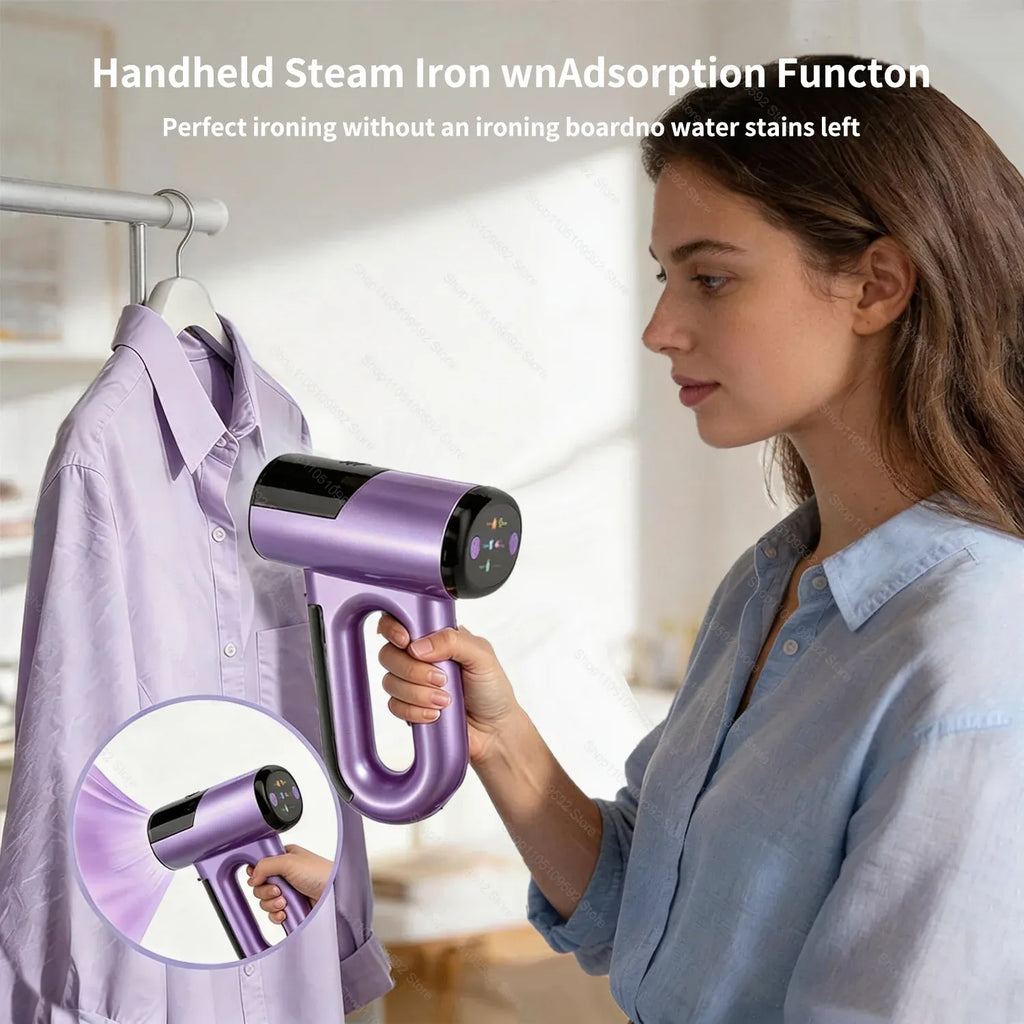 Handheld steam iron in purple used to easily remove wrinkles from a hanging shirt without an ironing board.