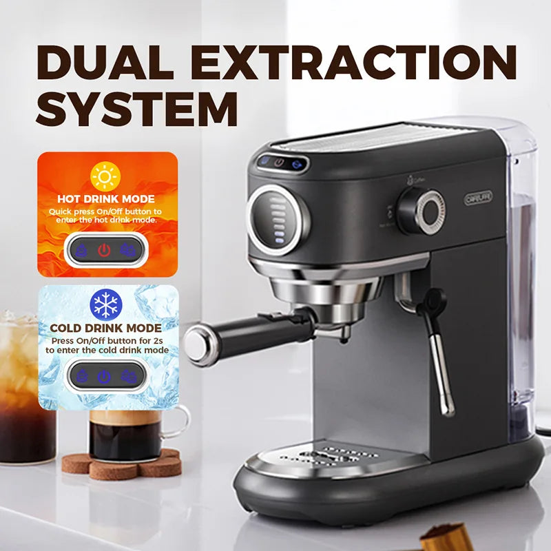 Olifur dual extraction espresso machine, matte black and stainless steel, with hot and cold drink modes.