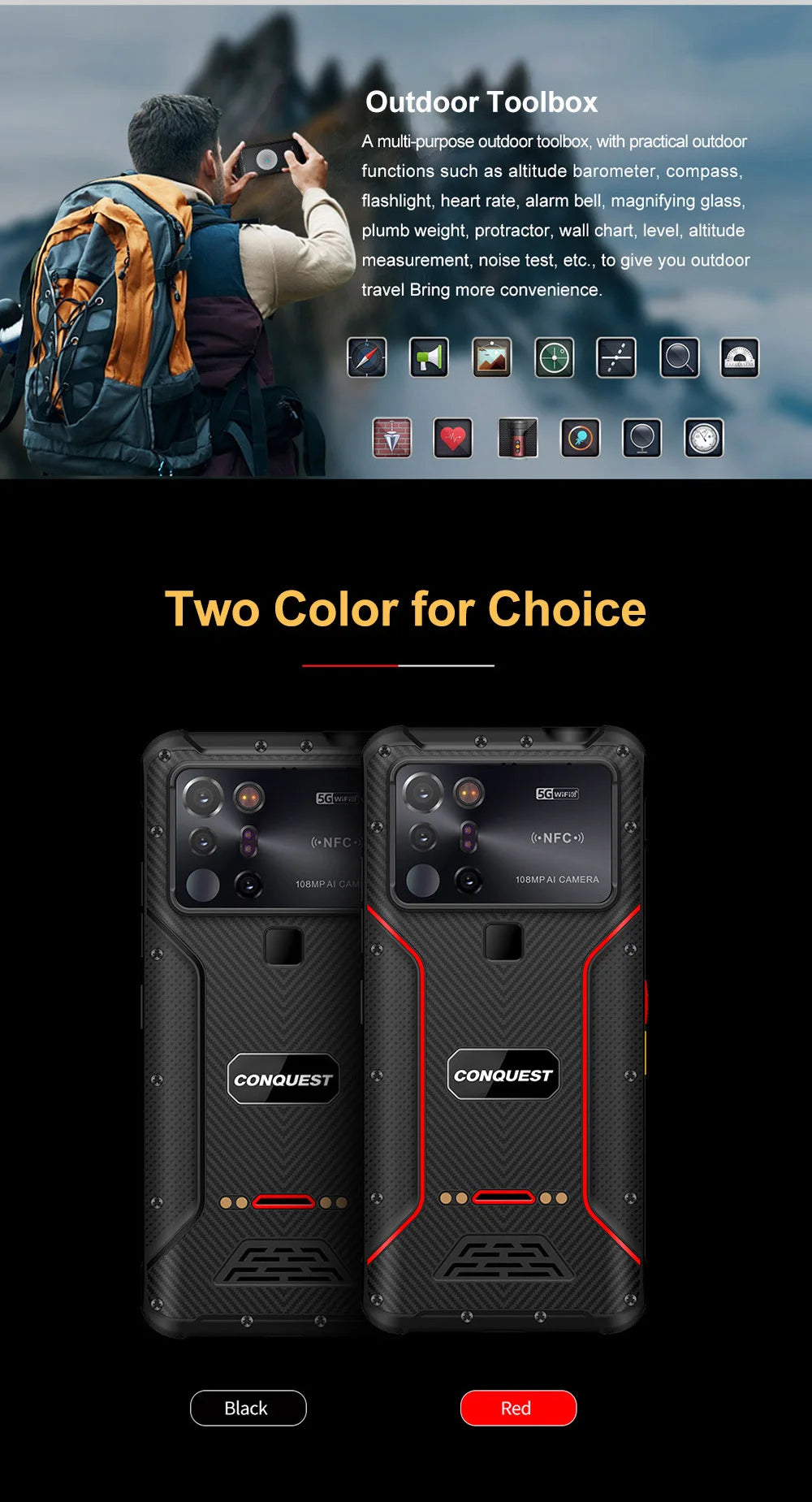 CONQUEST 5G Smartphone Network108MP Camera 12GB 512GB 66W Thermal Imaging  IP68 Waterproof NFC
