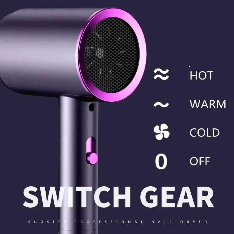 Purple professional high-speed hair dryer with negative ion tech and hot/cold settings for salon-quality styling.