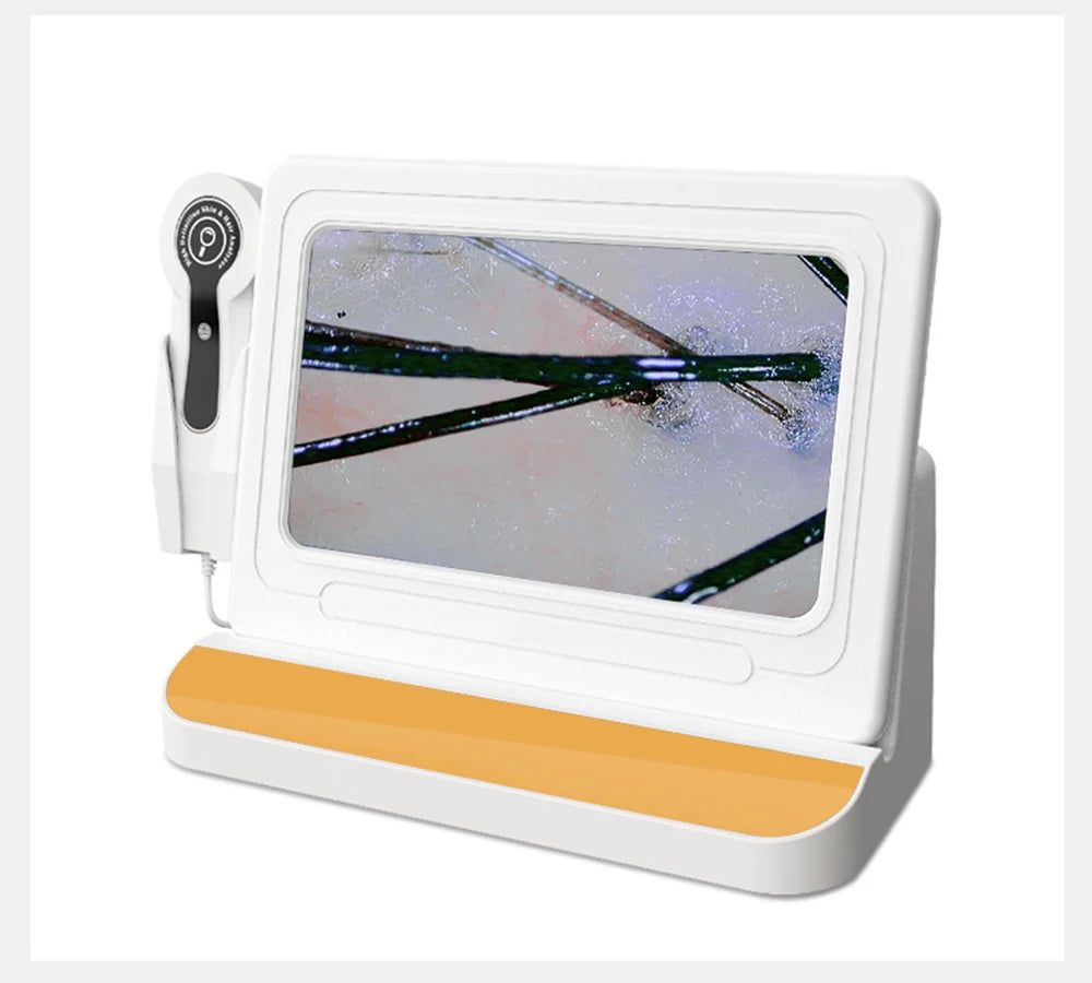 Professional 10-inch HD scalp and hair microscope analyzer with skin detector handheld probe and white display screen.