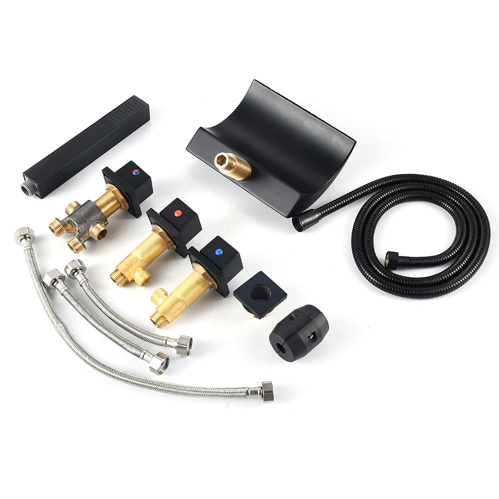 Black Bathroom Faucet Set with LED Light 2-Way Bathtub Mixer, Waterfall and Hand Shower Tap for Modern Bathroom