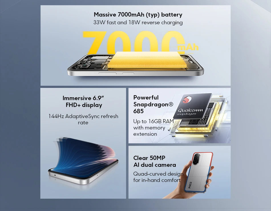 POCO M7 Global Version Smartphone Snapdragon 685 6.9-inch 144Hz FHD+ Display 7000mAh Battery NFC 33W Fast Charging NFC