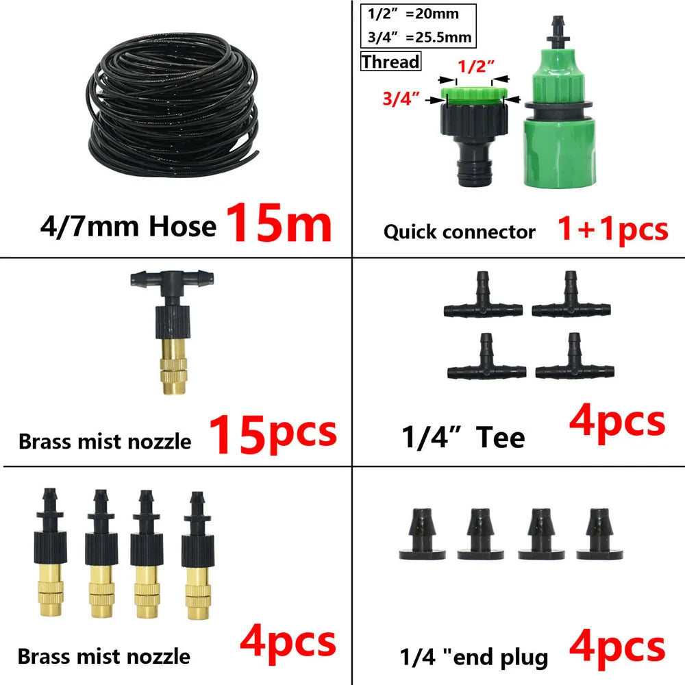 5M-30M Outdoor Misting Cooling System Garden Irrigation Watering 1/4'' Brass Atomizer Nozzles 4/7mm Hose for Patio Greenhouse