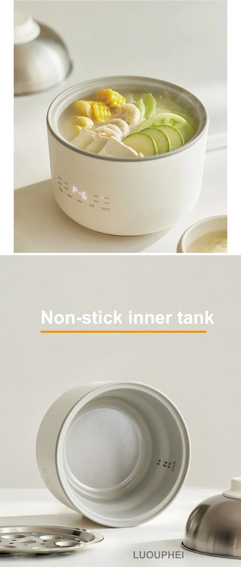 1.5L electric rice cooker with non-stick inner tank, sliced vegetables in the pot