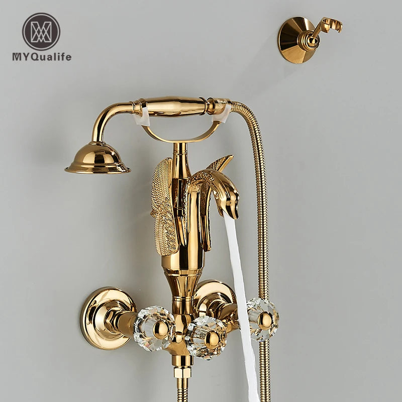Golden Swan Bathtub Shower Faucet Wall Mounted Hot Cold Water Bath Tub Faucet Rotate Spout Dual Handles