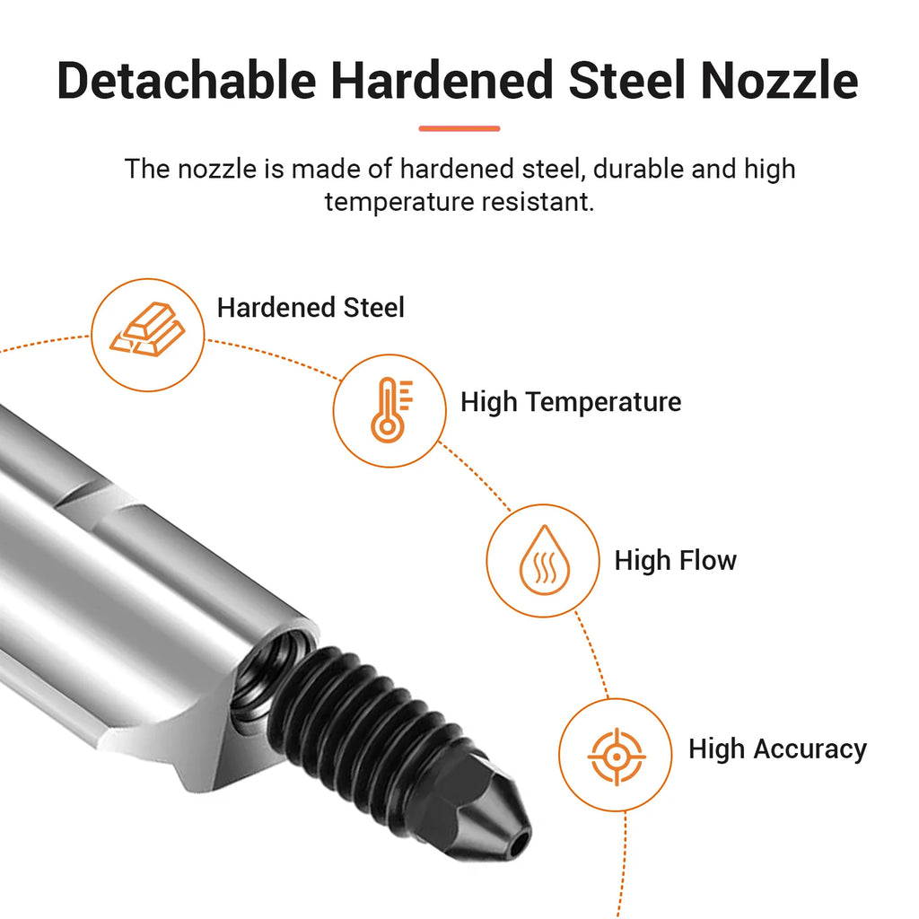 Durable hardened steel detachable 3D printer nozzle for high-temperature, high-flow, and high-accuracy printing.
