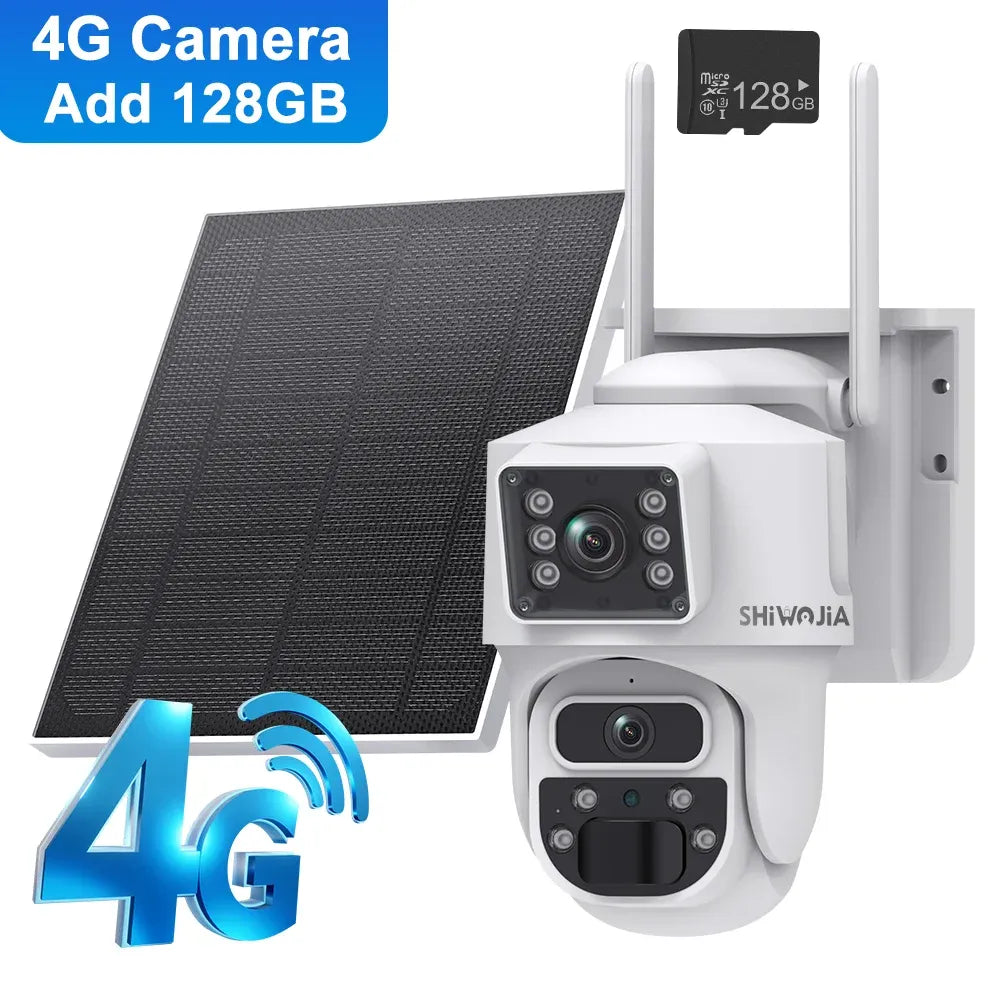 White outdoor solar PTZ security camera with two solar panels and dual-lens module