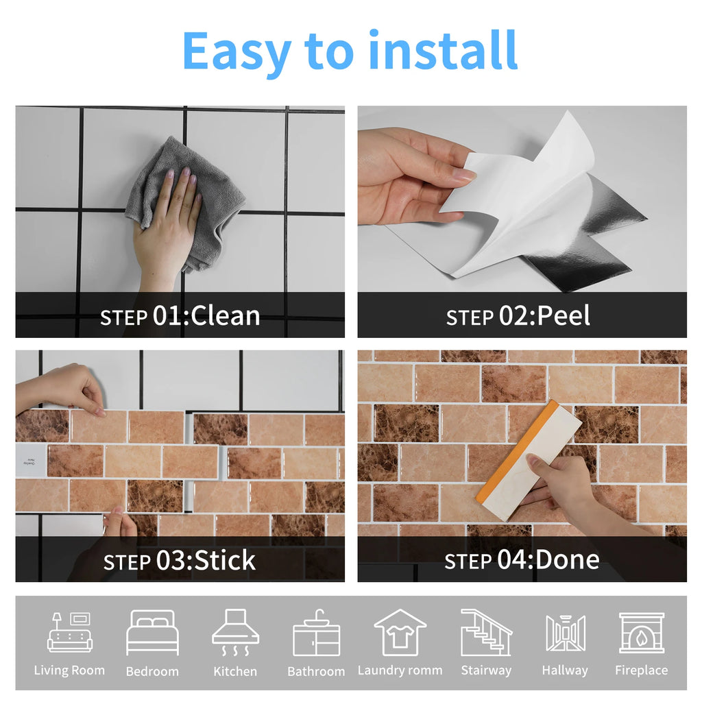 Ceramic tile sticker strip installation steps: clean, peel, stick, and finish
