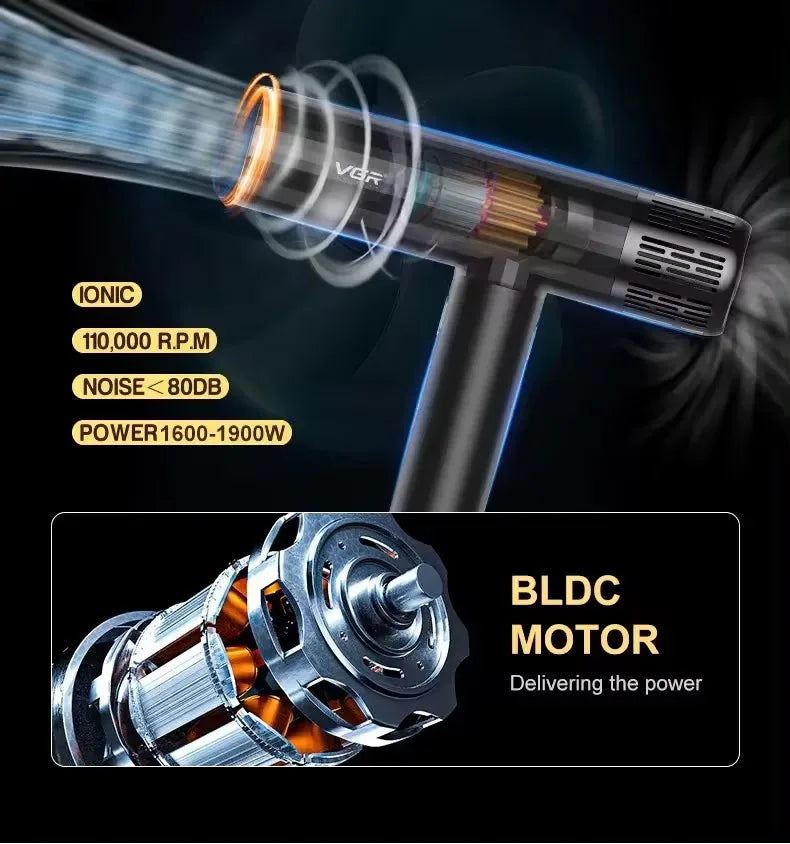 VGR professional black hair dryer with 110k RPM brushless motor, ionic technology, and powerful 1900W blow drying airflow.