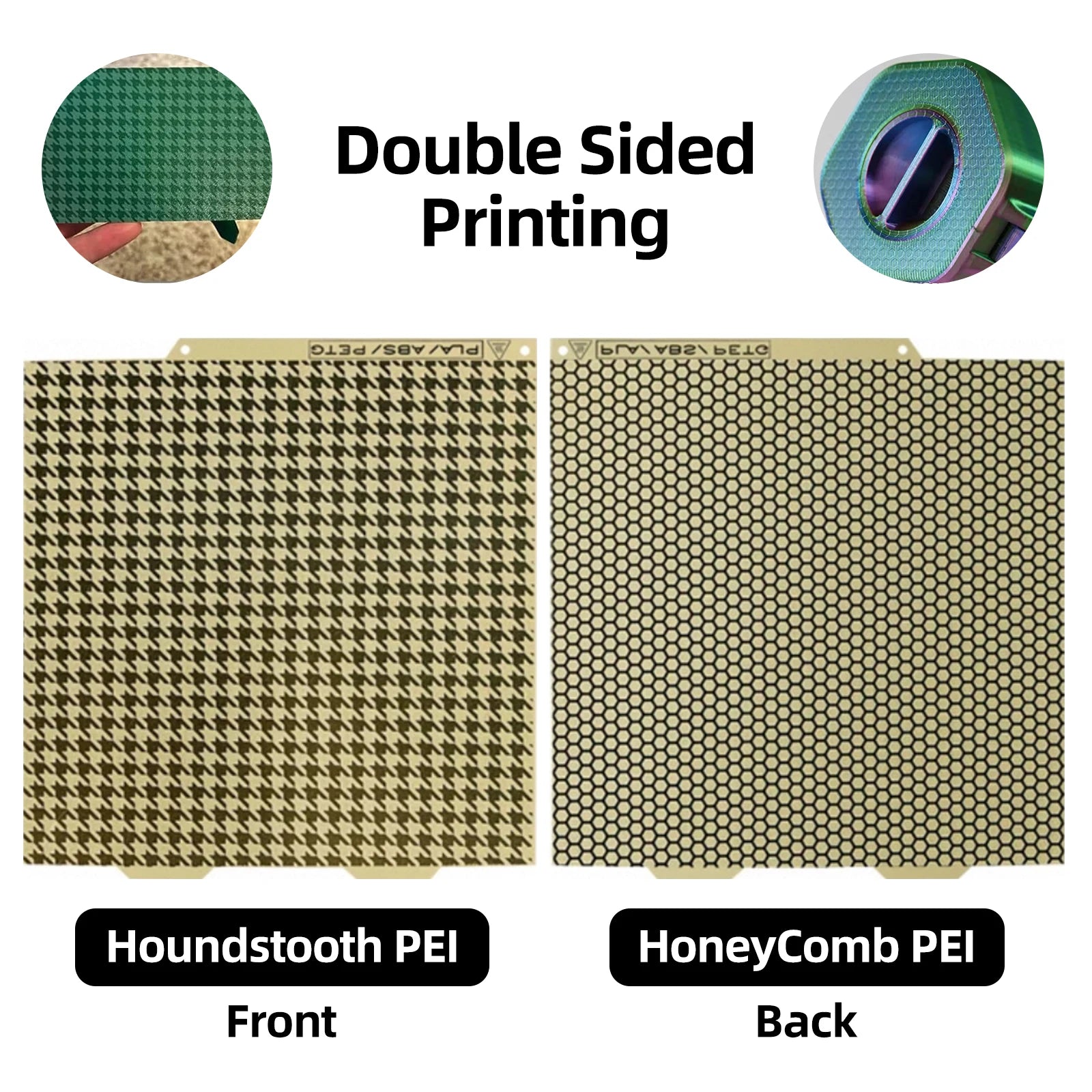184x184mm double-sided PEI build plate for Bambu Lab A1 Mini with houndstooth and honeycomb patterns for 3D prints.
