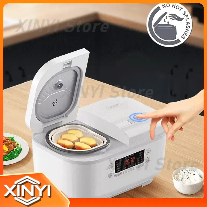 White mini smart rice cooker with open lid, inner pot filled with sliced ingredients and touch control